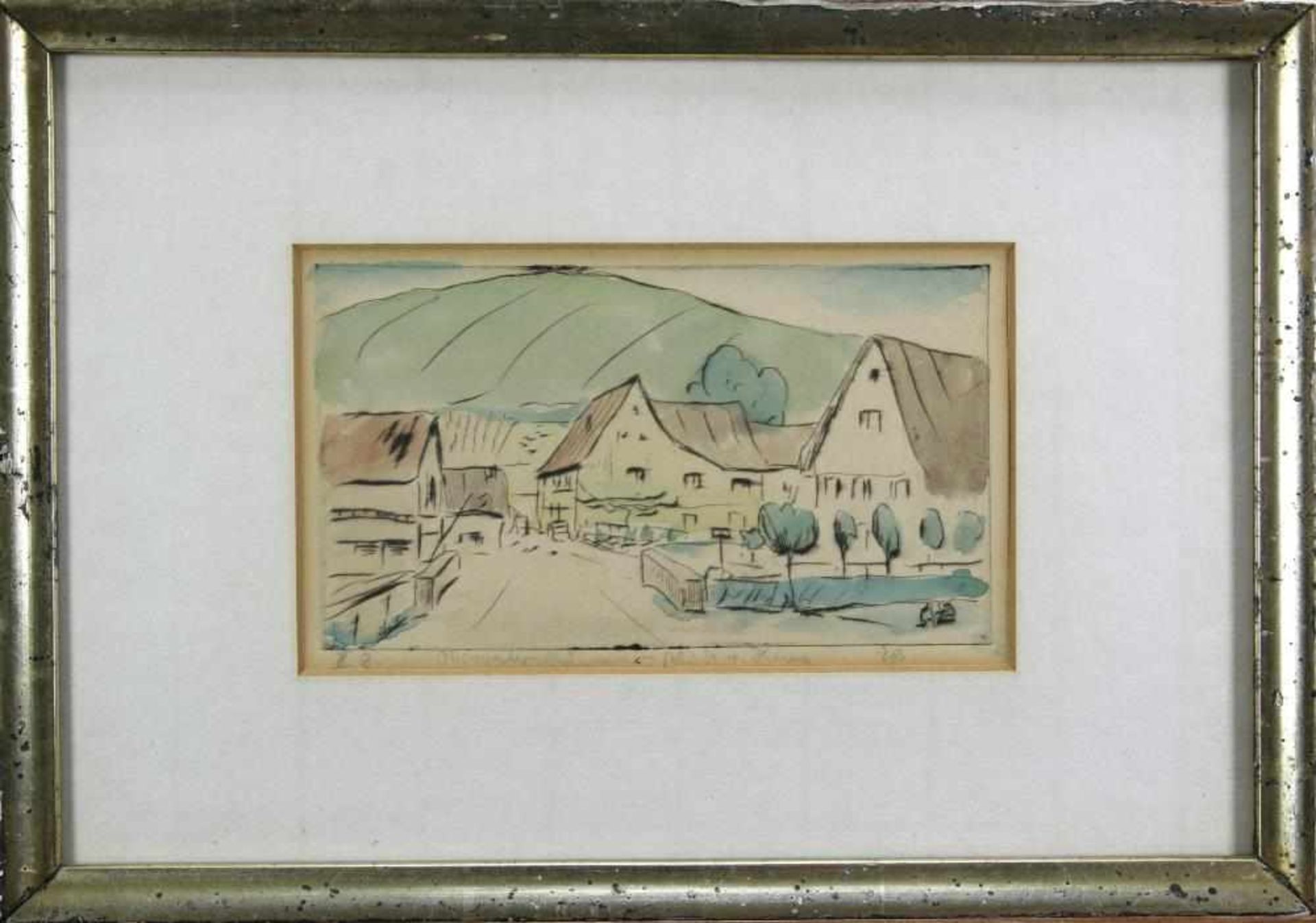 Emil Bizer 1881 Pforzheim – 1957 Badenweiler Oberweiler – Blick vom Haus. Aquarell. Unten bezeichnet