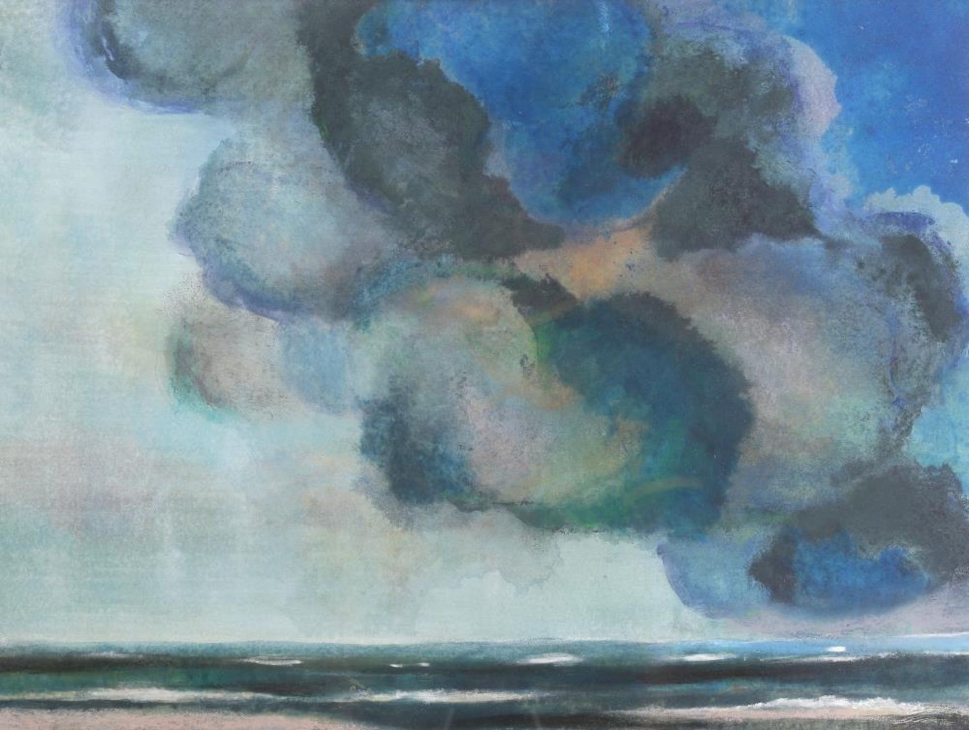 Beyermann, Hans *1923 Remscheid. Ohne Titel (Wolken wohl bei Amrum). Tempera auf Papier, hinter