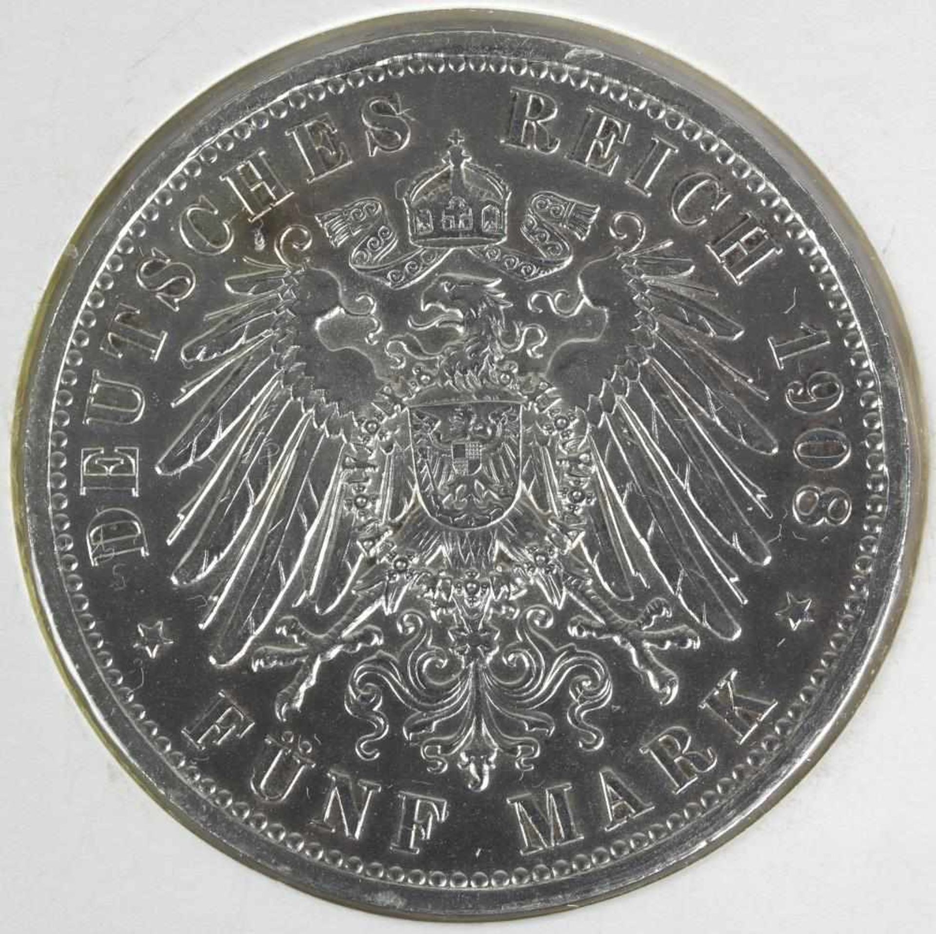 Fünf Mark. Kaiserreich 1908. Kurfürst von Sachsen (Weimar-Eisenach). Im Blister. Zustand wie - Bild 2 aus 2