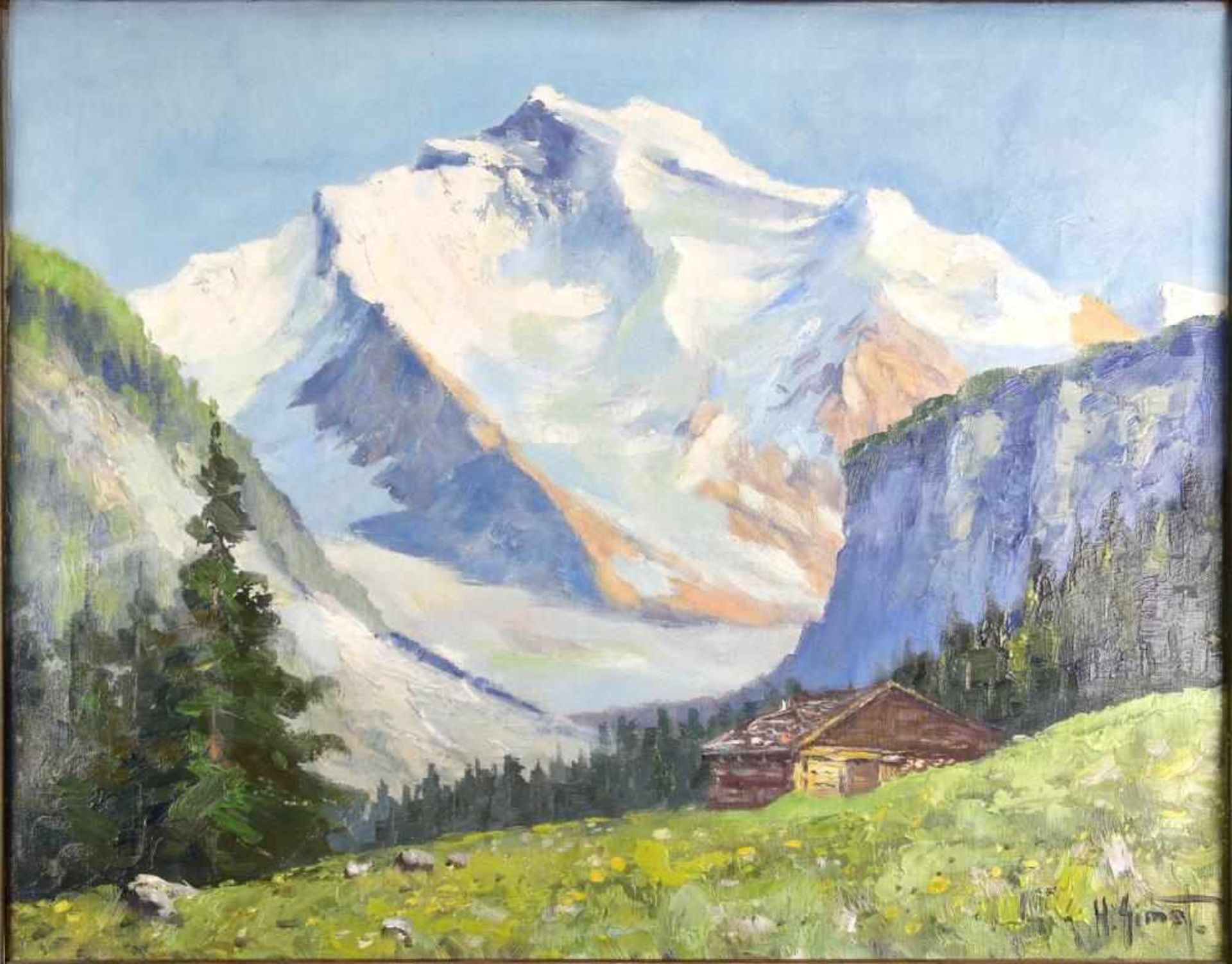 H. Simet. Landschafter 20. Jahrhundert. Jungfrau mit Grindelwald. Öl auf Leinwand. Unten rechts