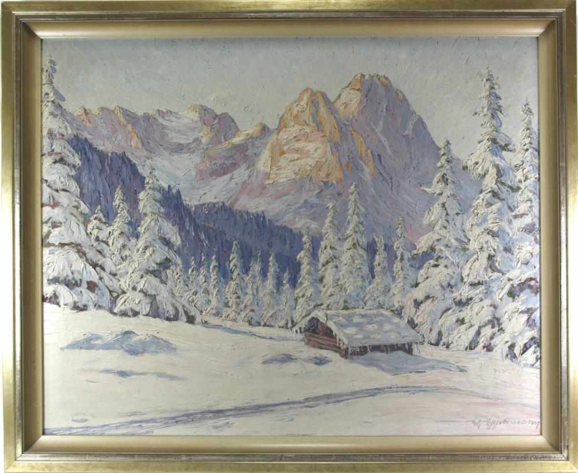 Geigermann signiert. Blick auf eine Winterlandschaft in den Bergen mit Hütte vor gewaltigem - Bild 2 aus 3