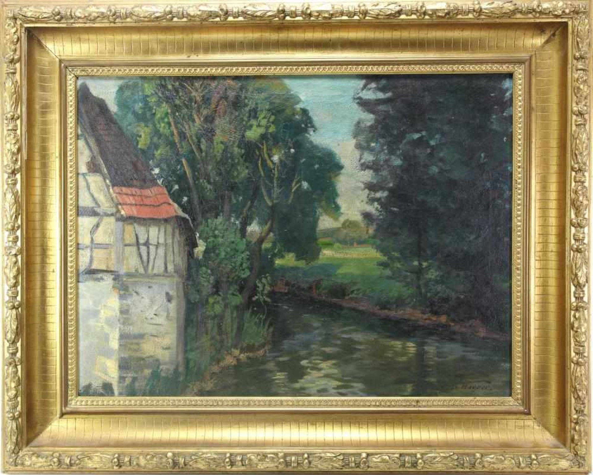 Wagner, Karl 1877-1942. Baumbestandener Bachlauf mit Mühlenecke. Öl auf Leinwand. Unten rechts - Bild 2 aus 4