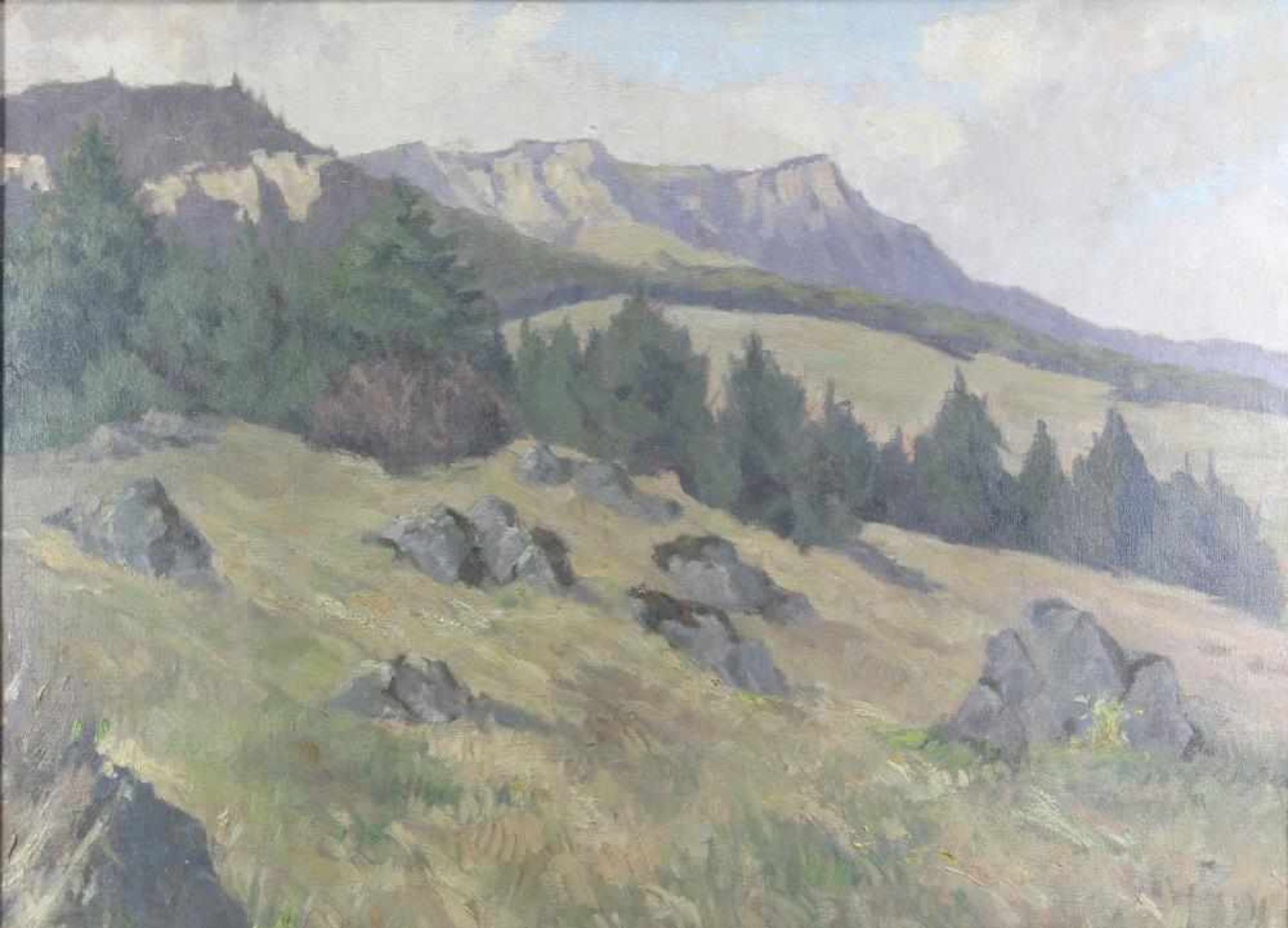 Seemann, Richard *1857. Blick auf die Balinger Alb. Öl auf Leinwand. Verso Zuschreibung. Größe ca. - Bild 2 aus 3