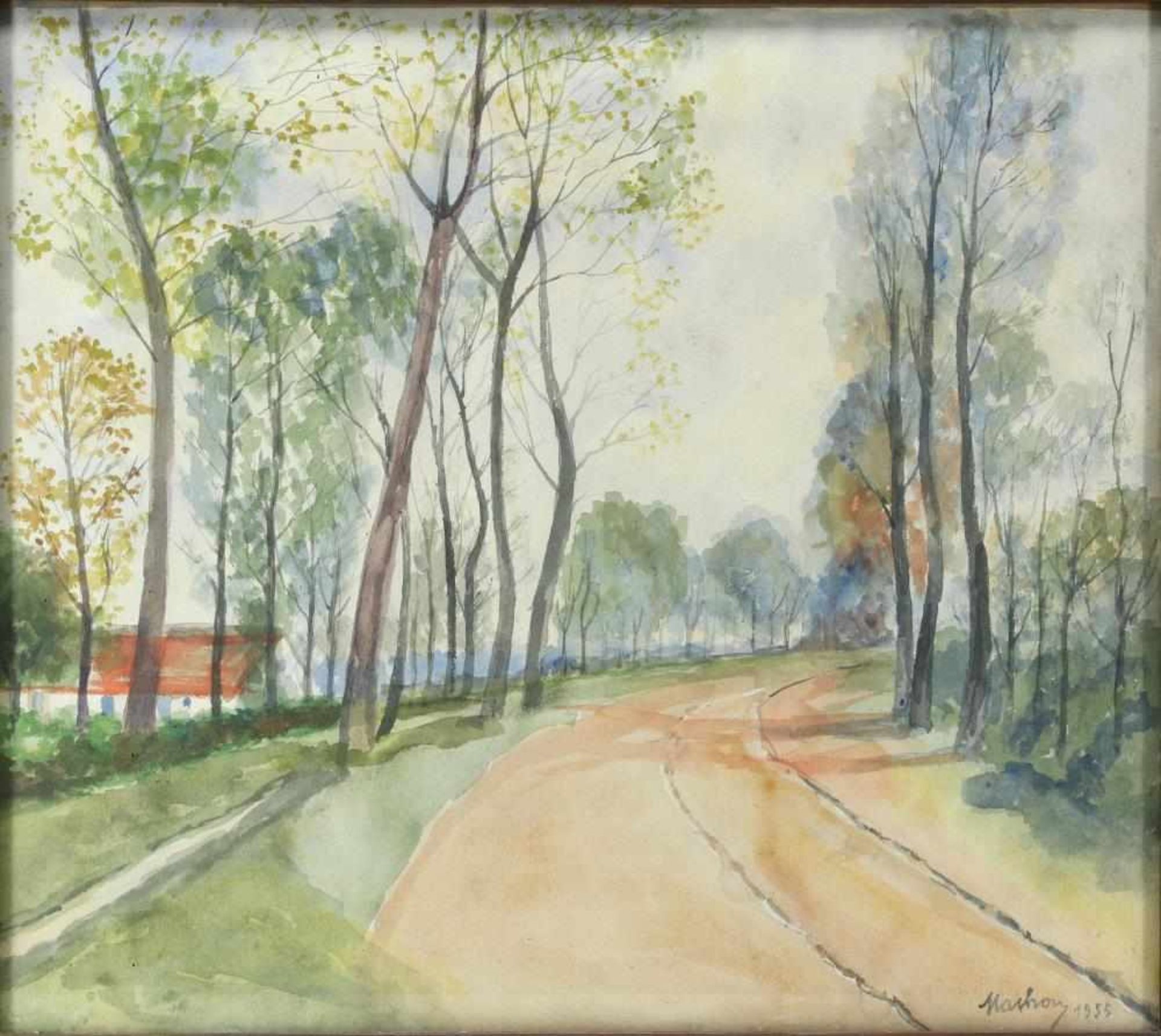 Allee im Frühling. Mahony 1955. Aquarell hinter Glas gerahmt. Größe ca. 44 x 49,5 cm, Rahmen ca.