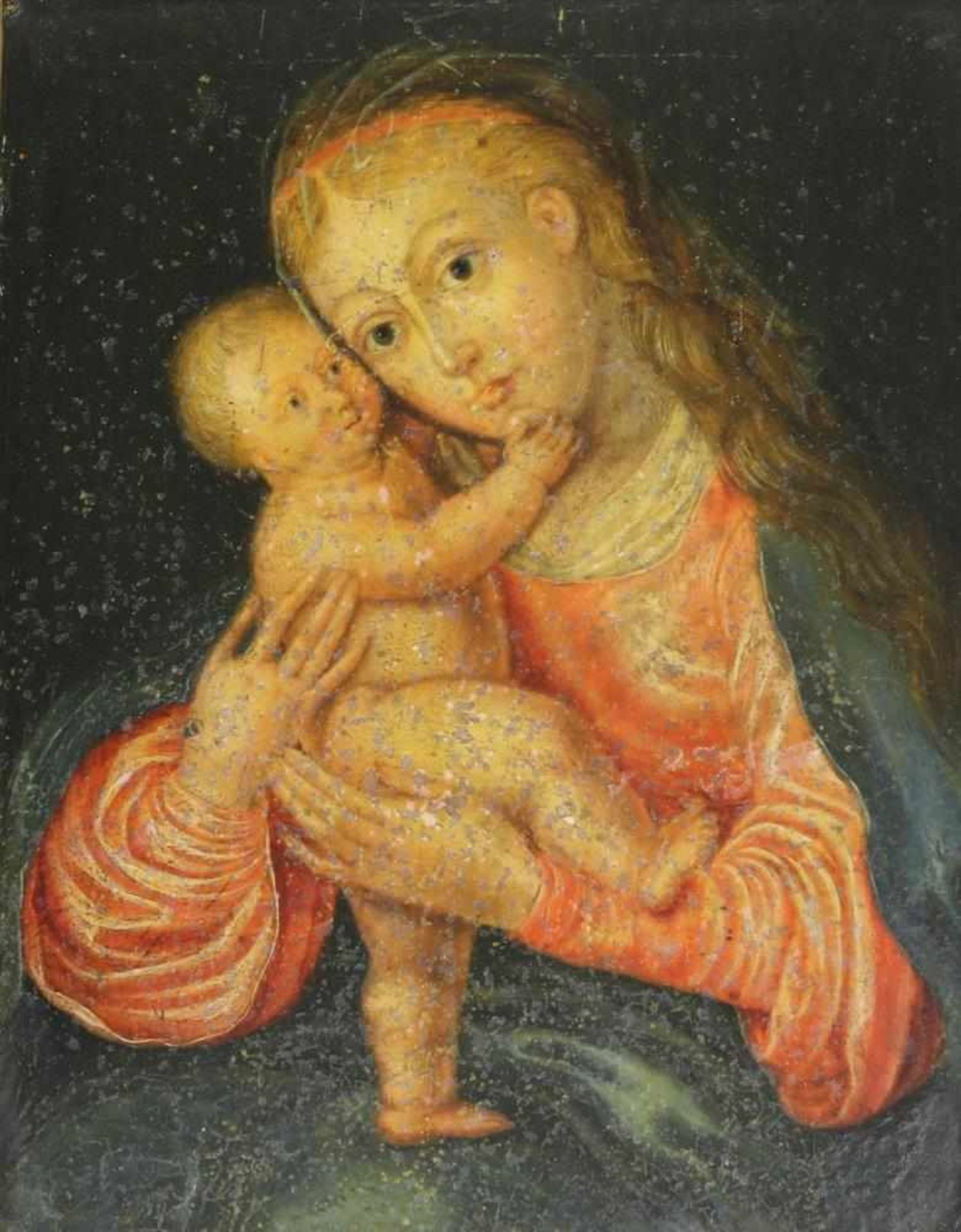 Madonna mit Kind. Wohl 17. Jahrhundert. Öl auf Kupfer. Maria in rot und blau mit stehendem Jesuskind