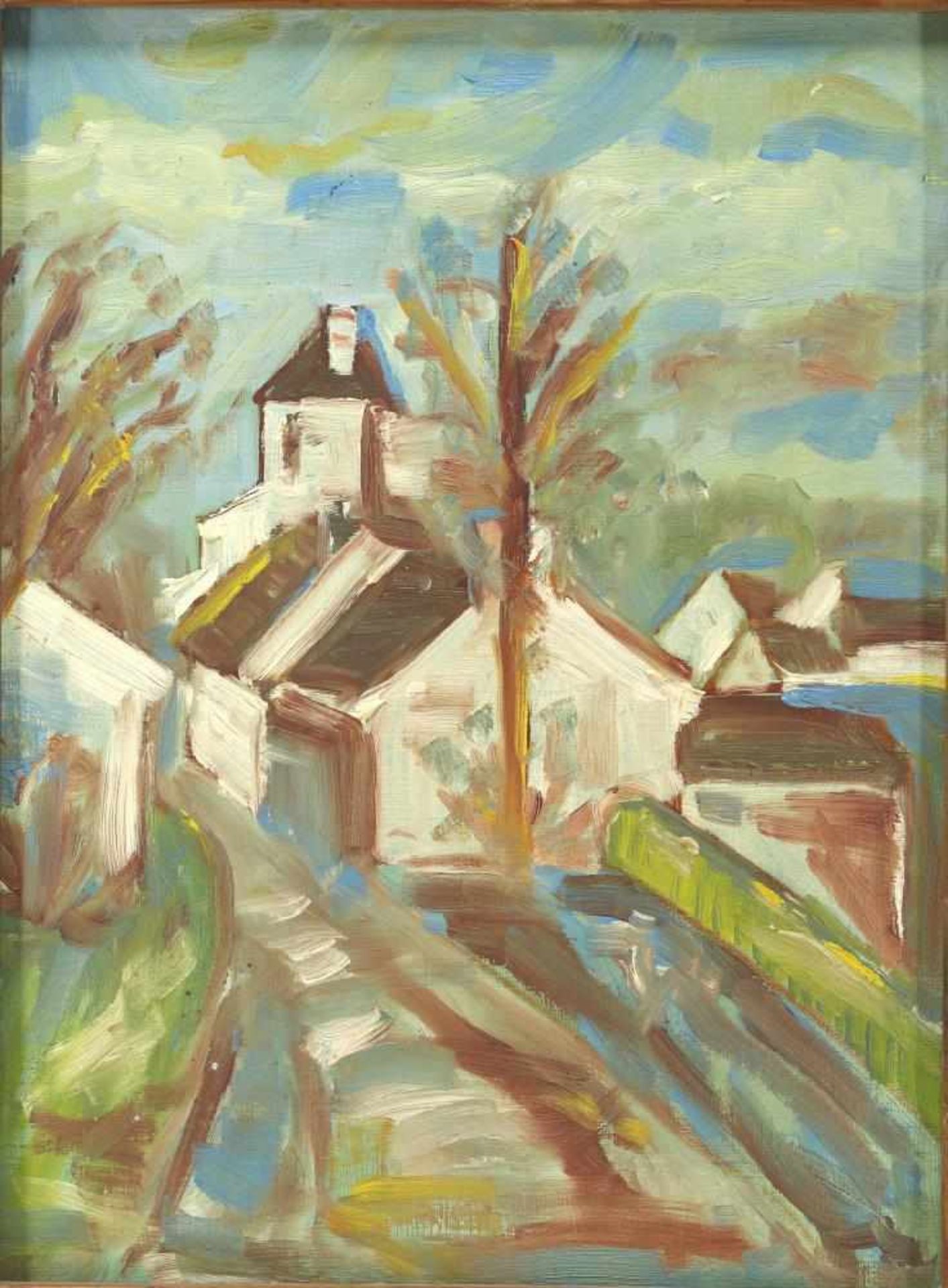 Nicht signierender Künstler. Dorfstrasse in südlicher Landschaft. Öl auf Platte. Größe ca. 40 x 30