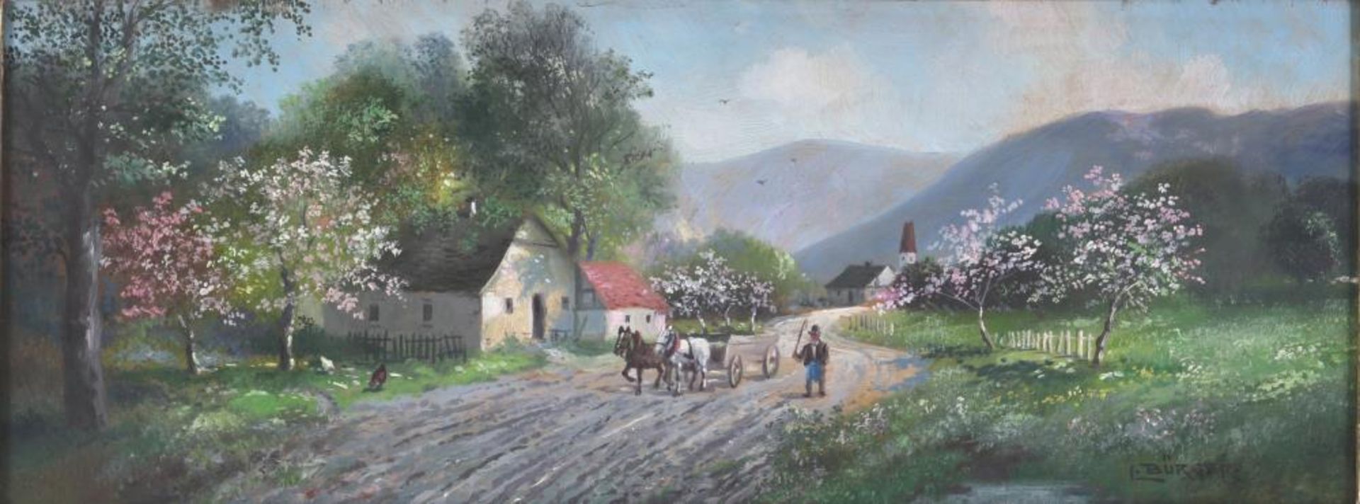 Bürger, Lothar Michael. 1866 – 1943 Wien. Fuhrwerk im Frühling. Öl auf Holz. Unten rechts