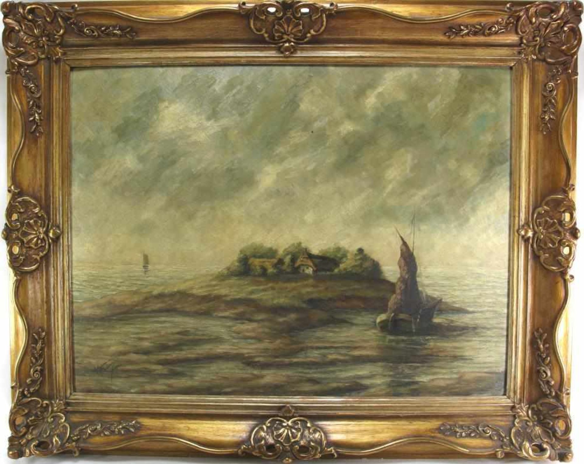 Norddeutscher Landschafter. 20. Jahrhundert. Hallig mit Segelbooten. Öl auf Platte. Unten links - Bild 2 aus 3