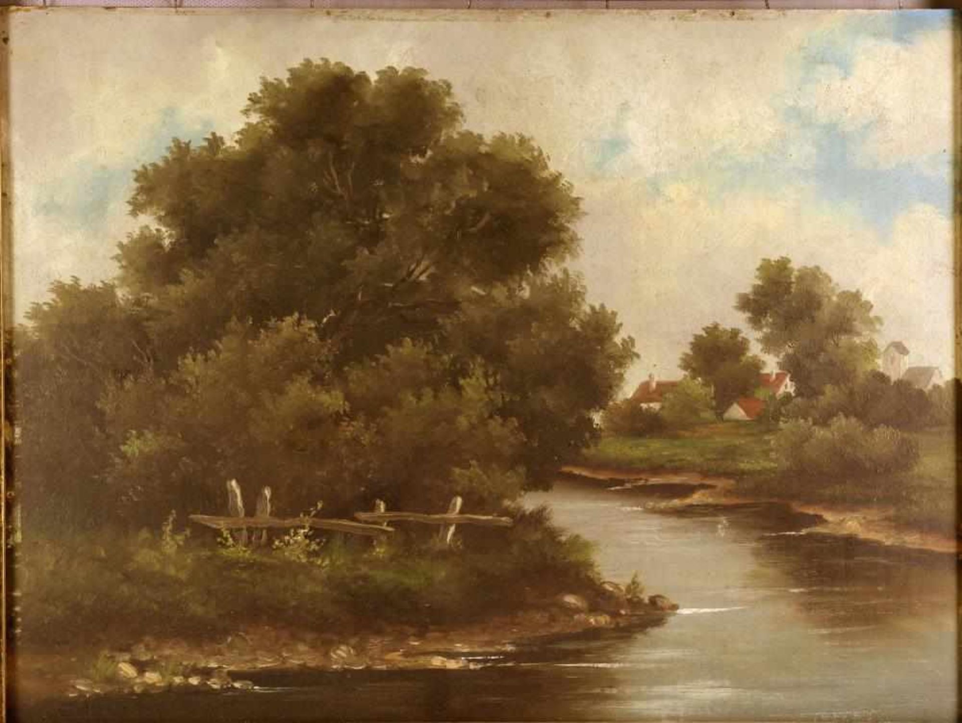 Werner, Clemens. Deutsch, 19. Jahrhundert. Landschaft mit Flusslauf. Öl auf Platte. Unten links