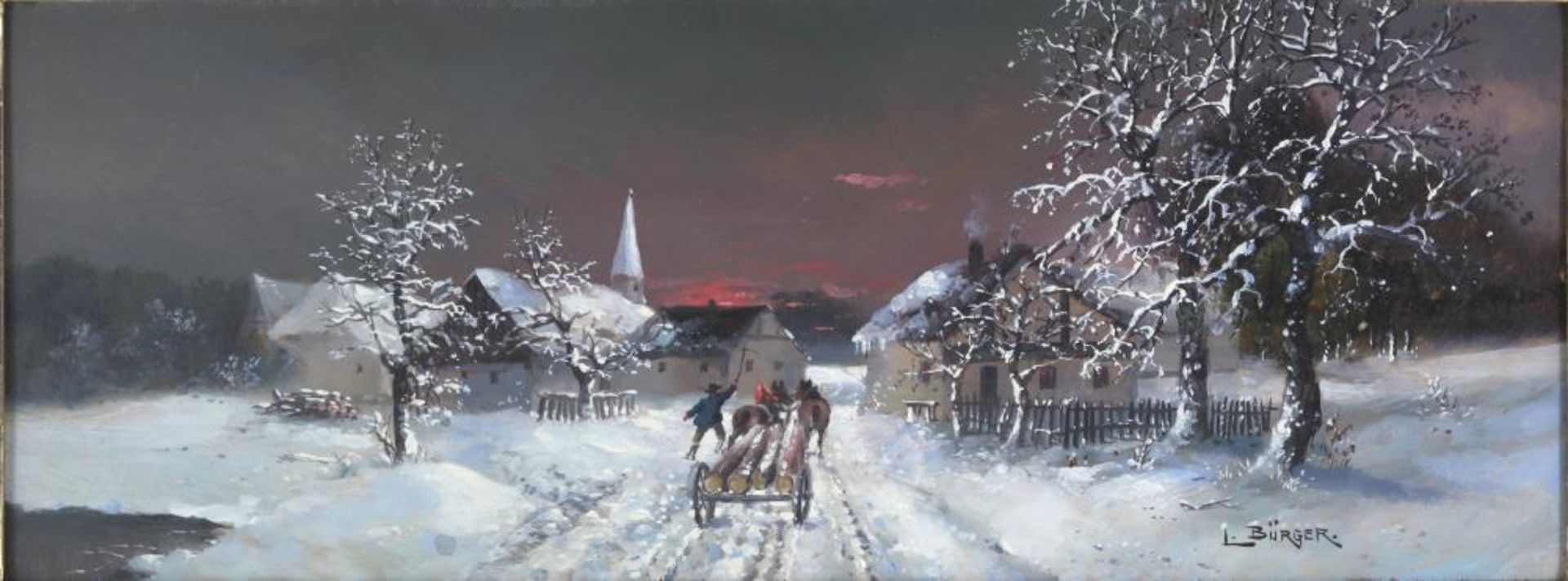 Bürger, Lothar Michael. 1866 – 1943 Wien. Holztransport im Winter. Öl auf Holz. Unten rechts