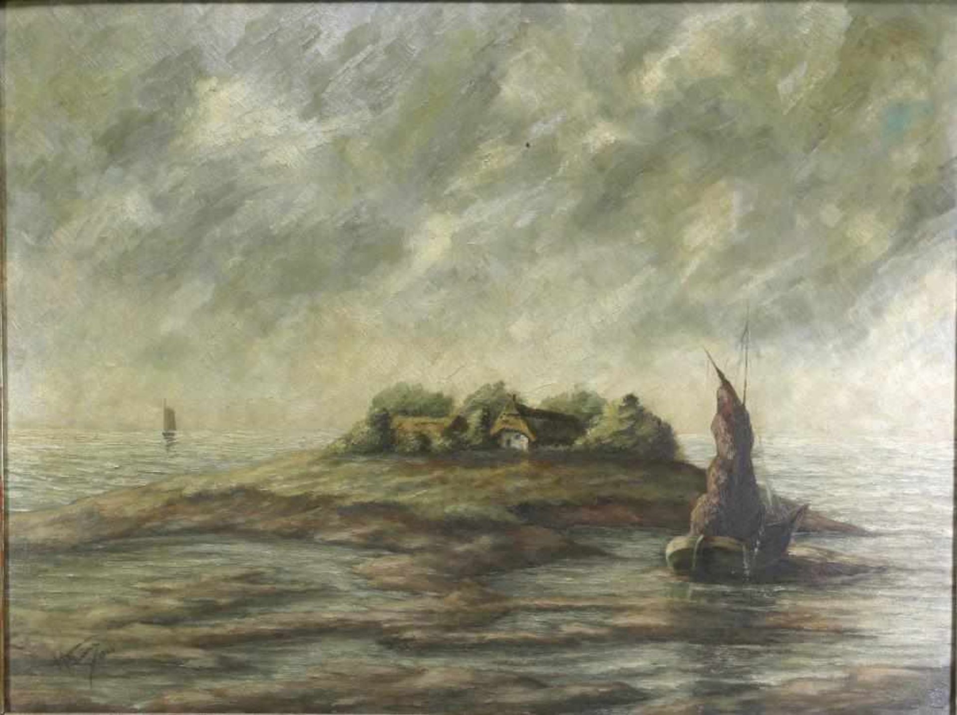 Norddeutscher Landschafter. 20. Jahrhundert. Hallig mit Segelbooten. Öl auf Platte. Unten links