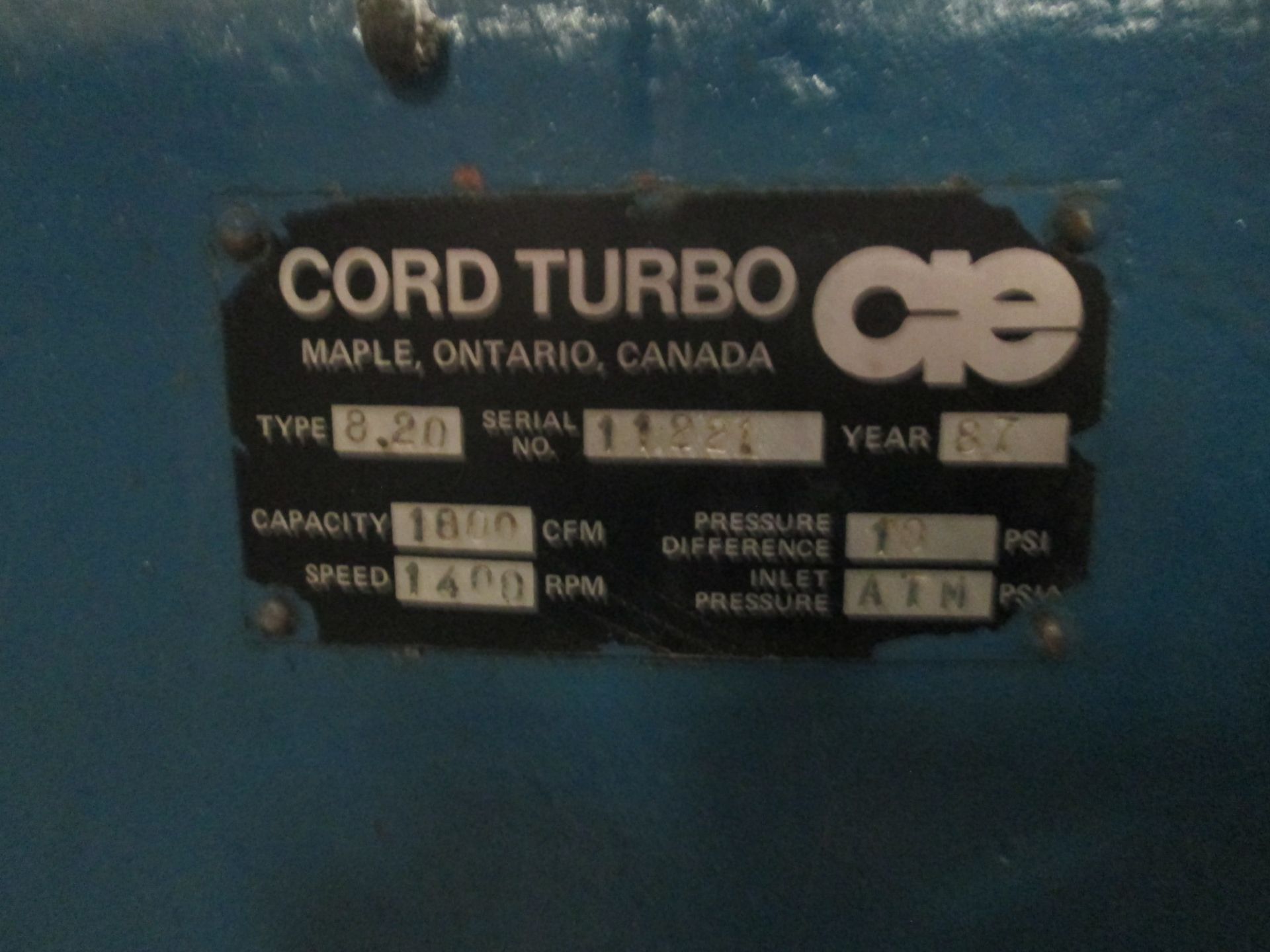 Cord Turbo Blower, Type 8.20 Serial 11221 1800 CFM - Image 6 of 6