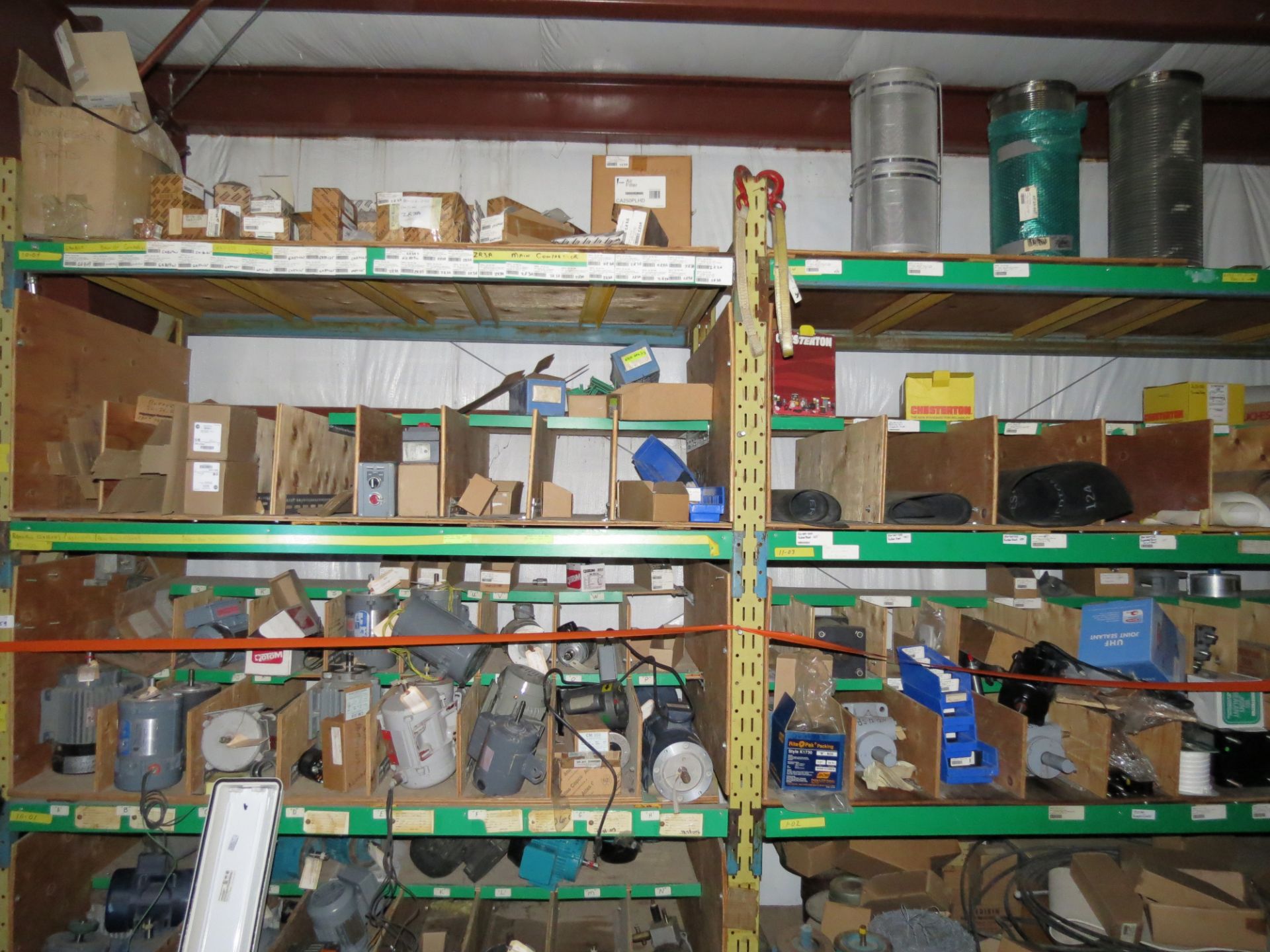 (1) Lot of machine spare parts & electrical components on 4 sections of racking