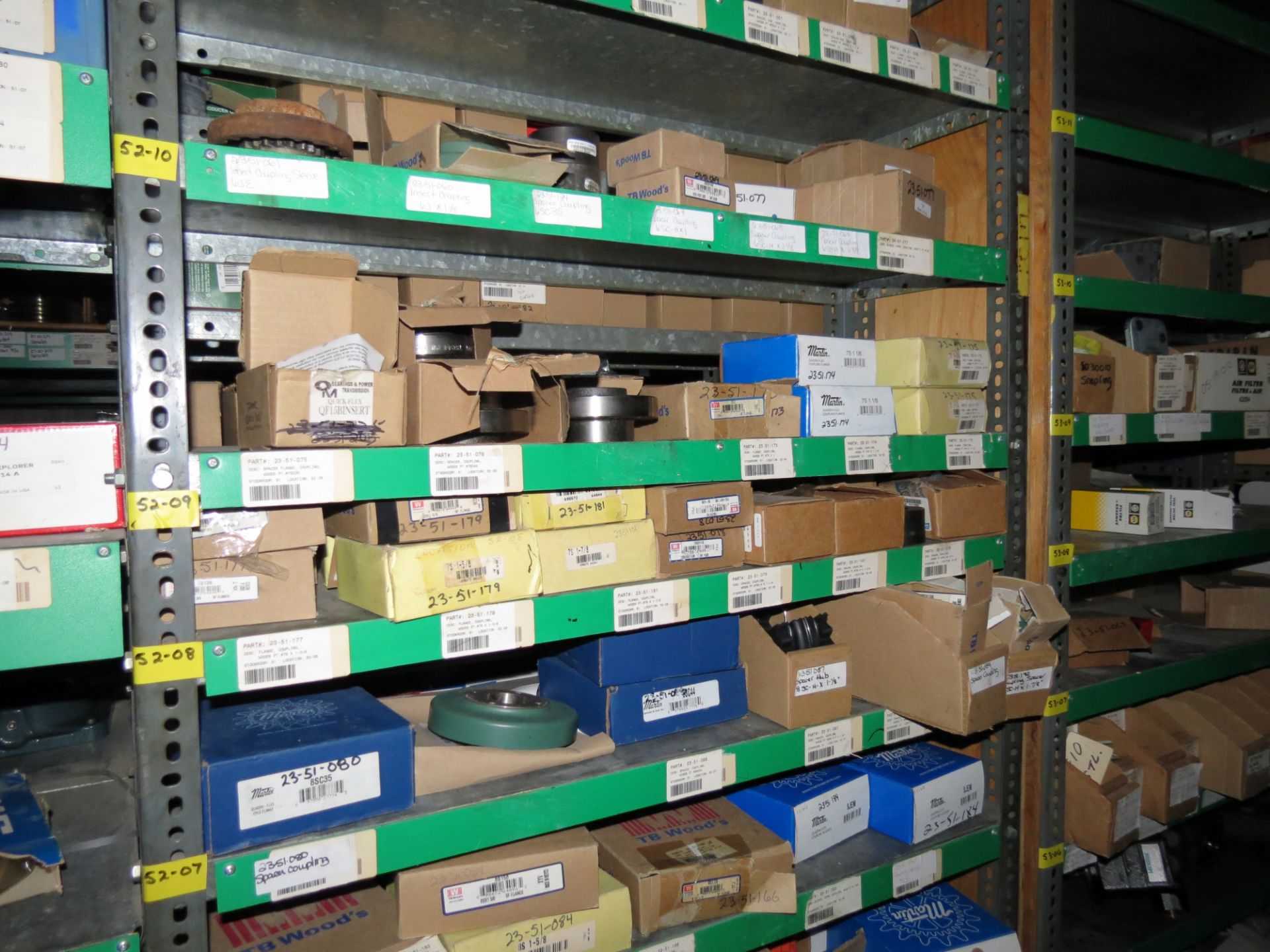 (1) Lot Machine Spare Parts on bolted shelving - Unused Bearing - Chains - electrical boxes etc..