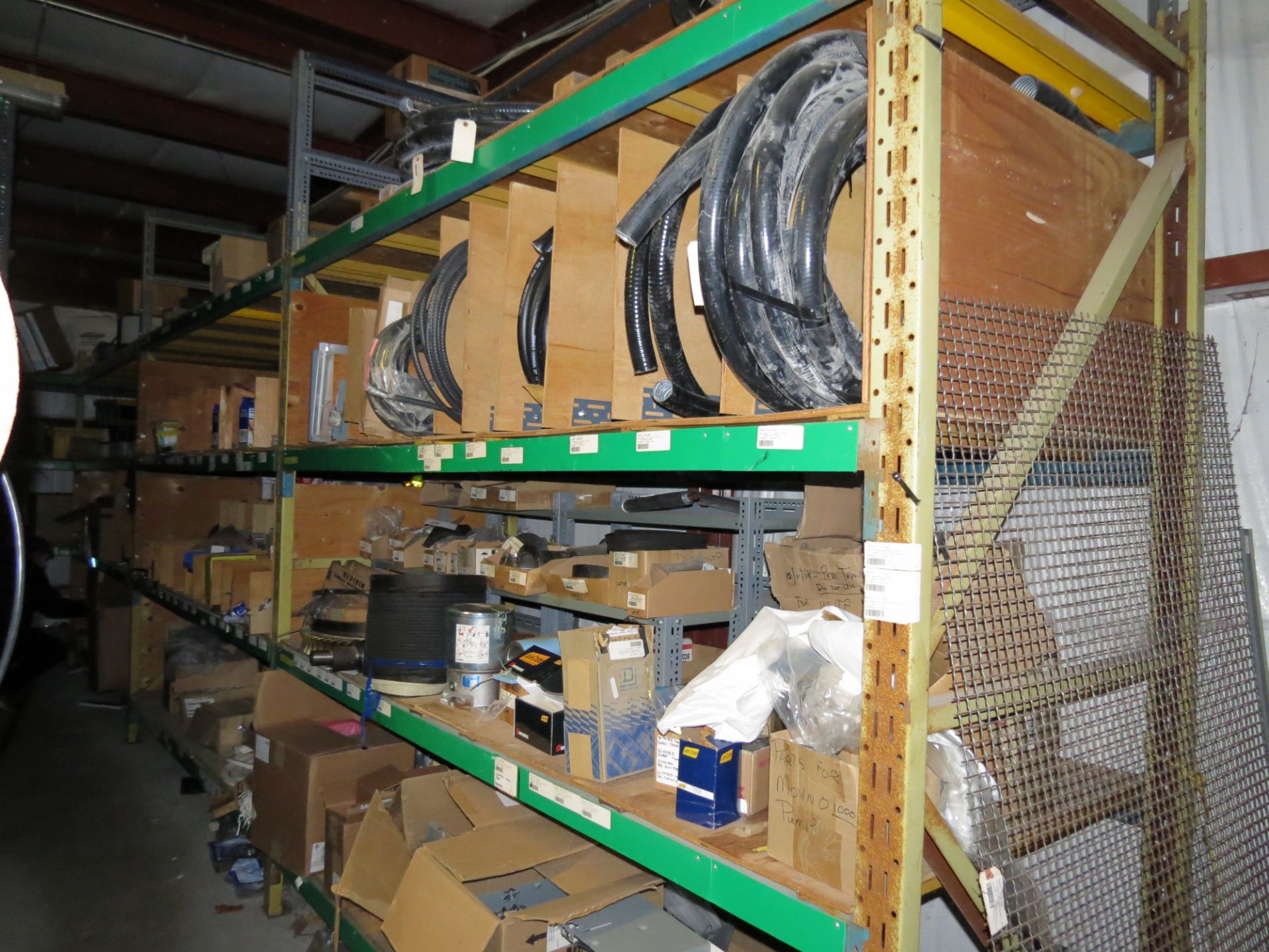 (1) Lot of machine spare parts and supplies on 3 sections of racking