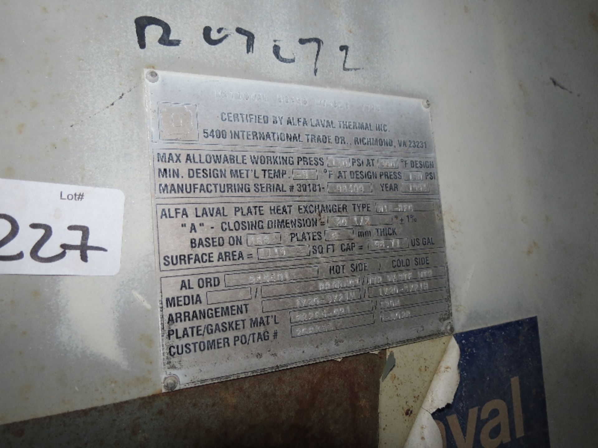 Alfa Laval Thermal Plate Heat Exchanger Type M15-BFG Nat'l Board Number 7743 - Image 2 of 3