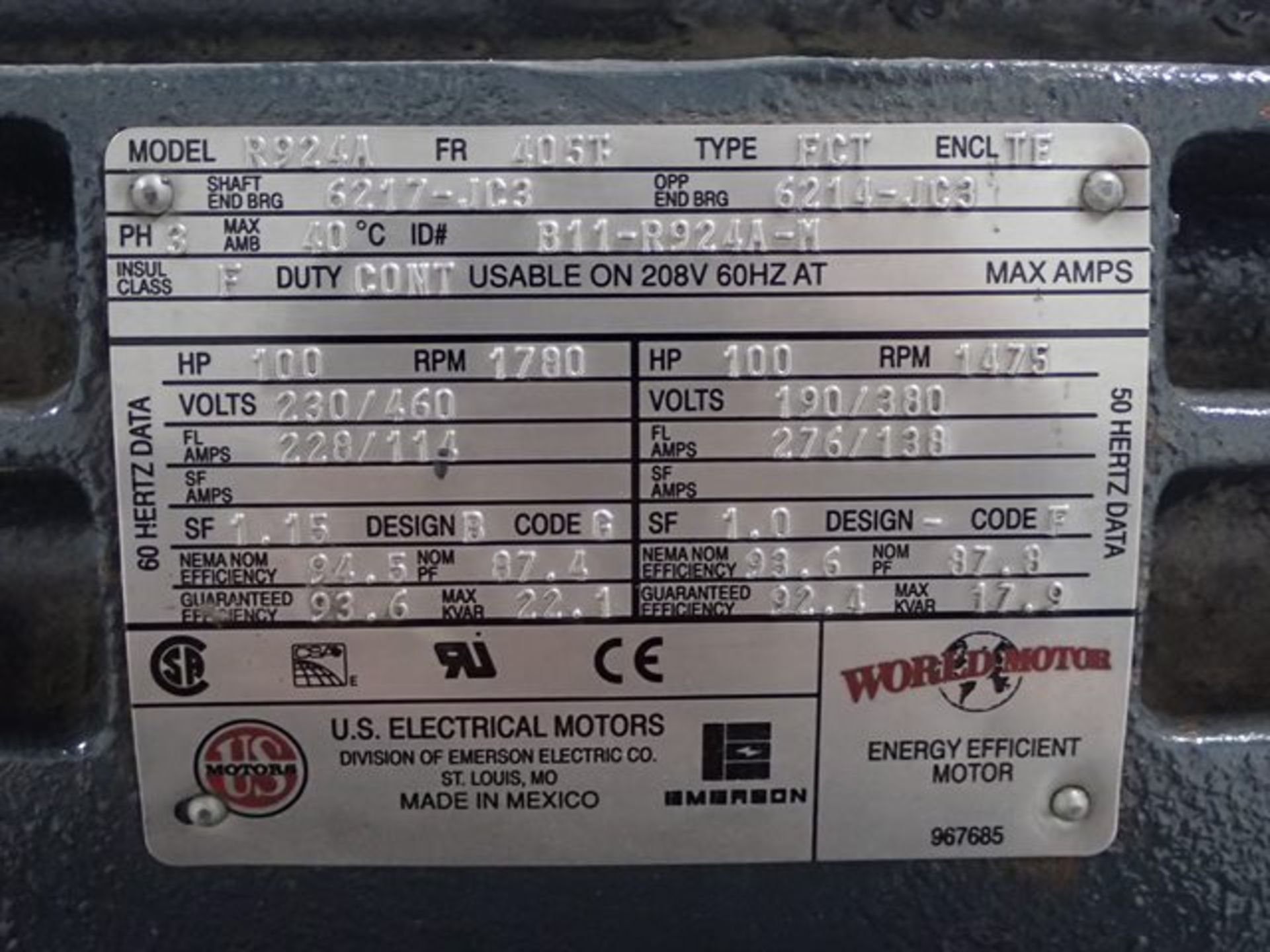 US Electrical Motors 100 HP Electric Motor - Image 2 of 5