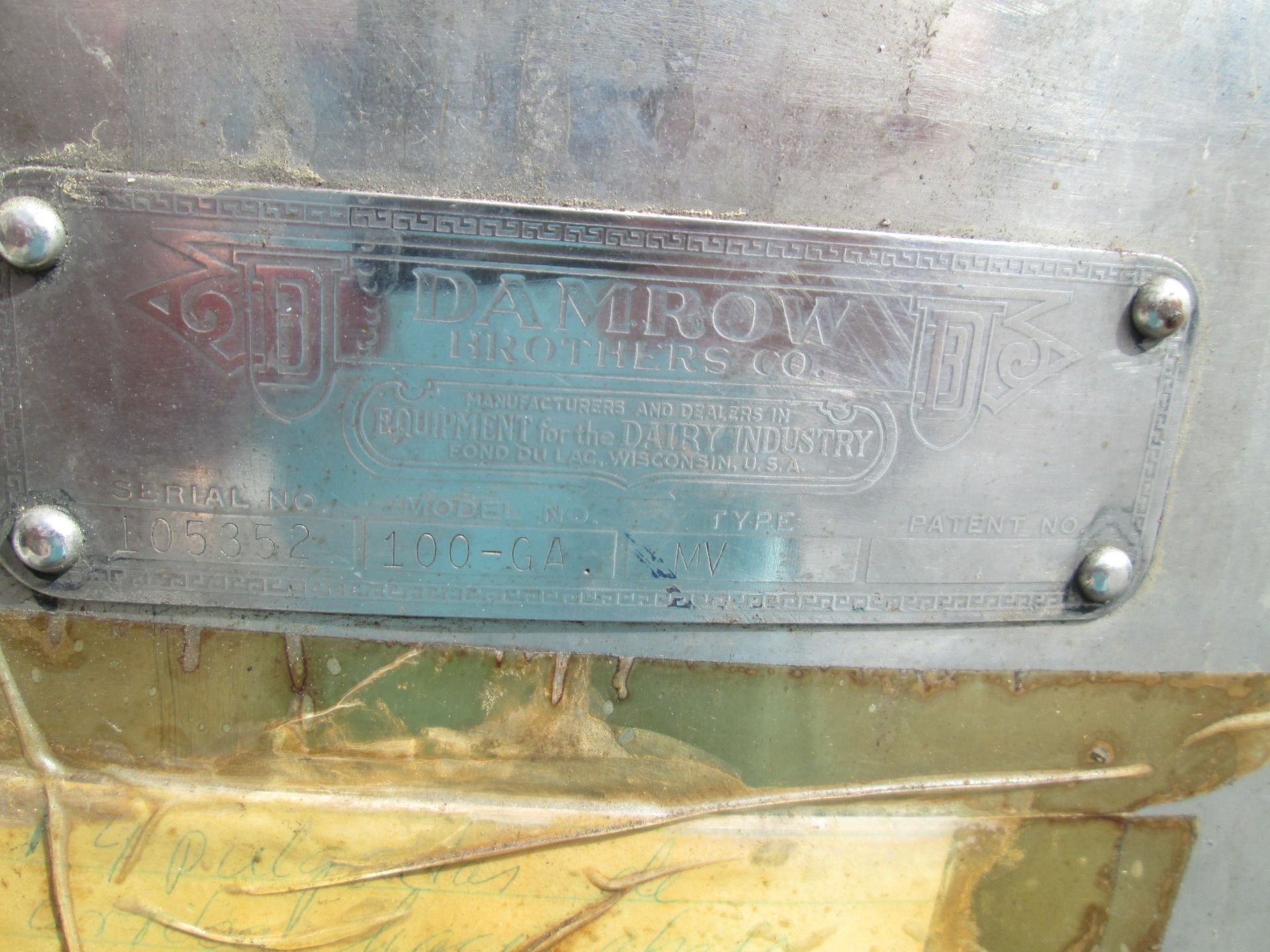 100 Gallon Damrow Bros Dairy Industries Stainless Steel Jacketed Tank, Model 100-GA, Serial Number - Image 9 of 10