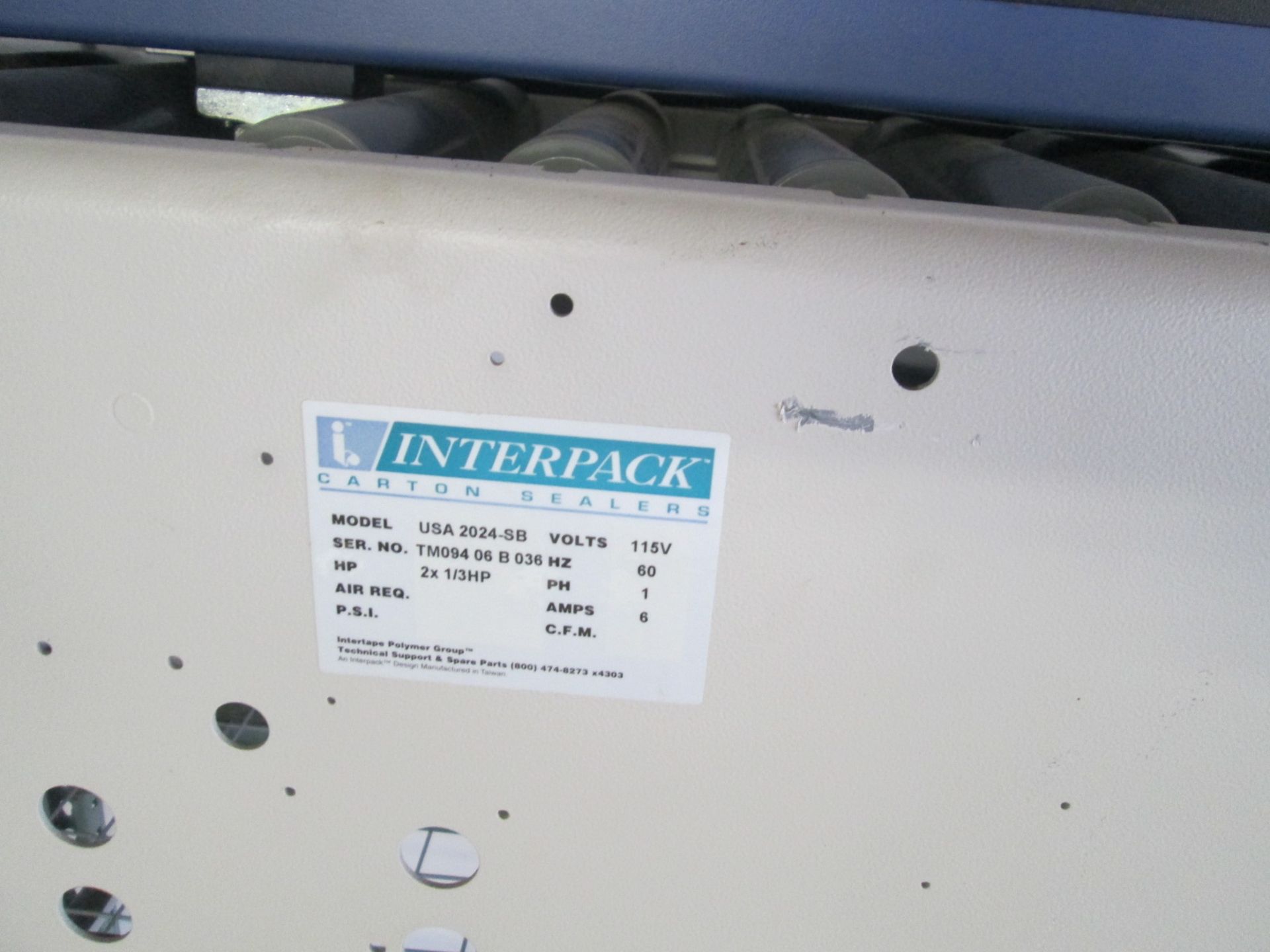 Interpack Tape machine, bottom taper, with side belts. Model USA 2024-SB, 110v, 2x1/3HP drives. As - Image 4 of 15