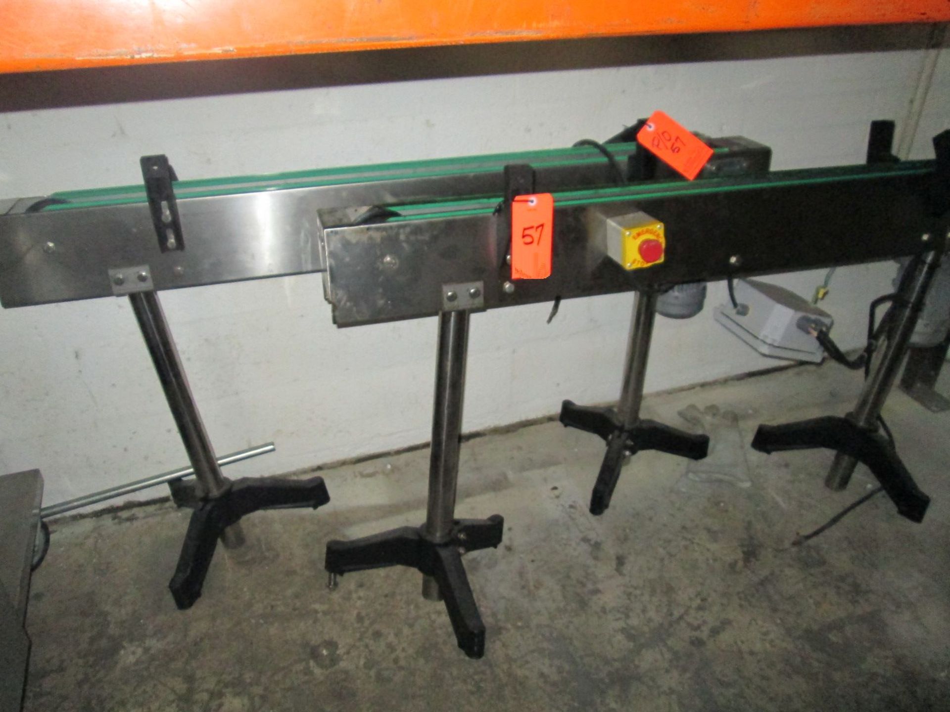 Lot of (2) Stainless Steel Conveyor Sections 4" x 30" long on legs, each equipped with electric