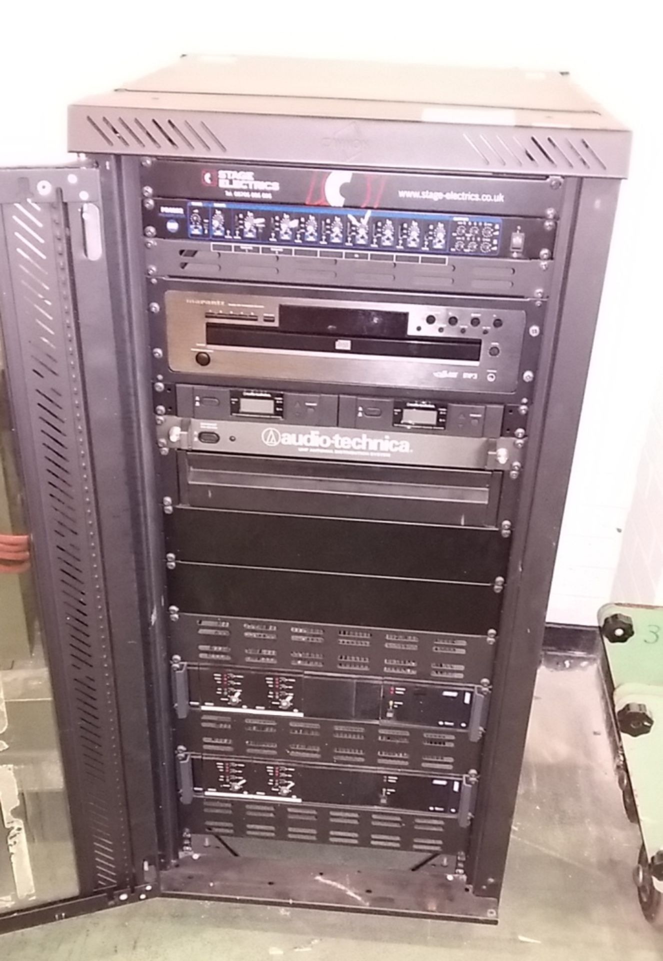 Stage server rack including - RCF PR4092 panel, Marantz 5 disc cd changercCC4001, Audio Te