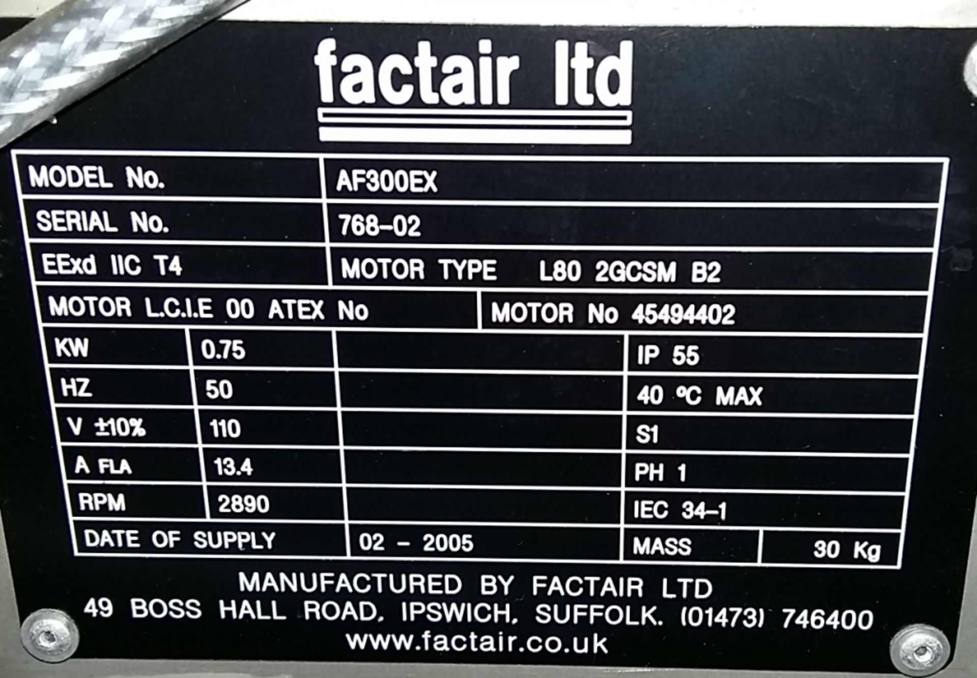 Factair 110V fan unit - model AF300EX - 0.75kW - Image 3 of 3