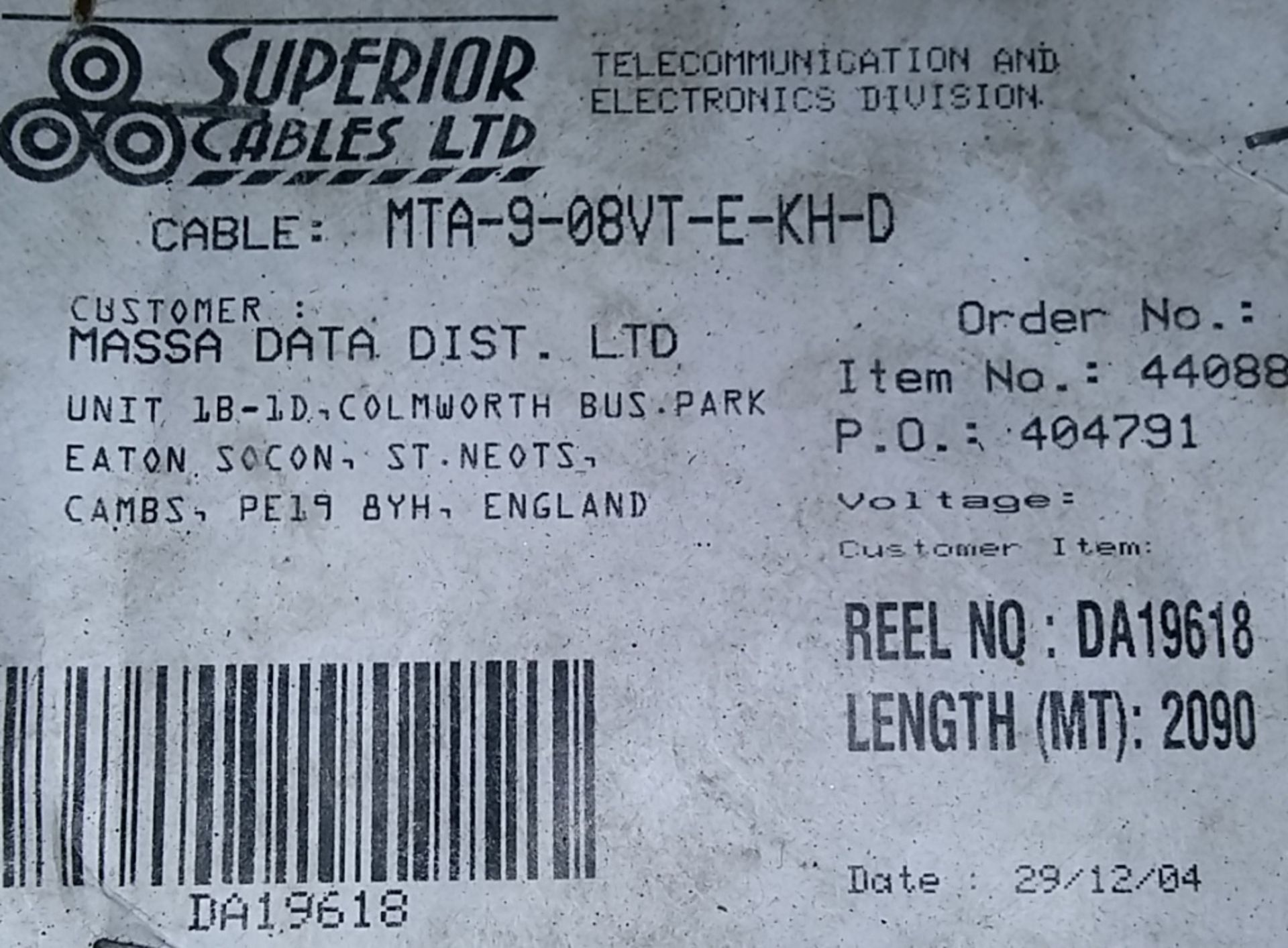 Reel of cable - MTA-9-08VT-E-KH-D - Reel no. DA19618 - Length 2090 M - Image 2 of 2