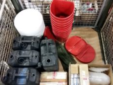 Washing bowls, fire buckets, 20ltr water containers, vinyl gloves, plastic bowls with lids