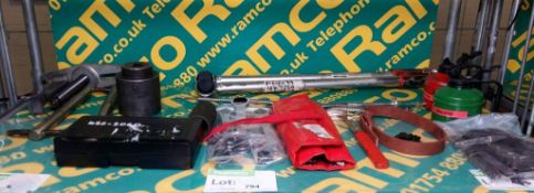 Assorted garage tools - torque wrenches , oil cans, clamps, & ring spanners