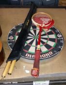 Riley snooker cue, Diamond dart board, Gola tennis racket