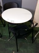 Round table, 2 Herman Miller mobile chairs (missing casters)