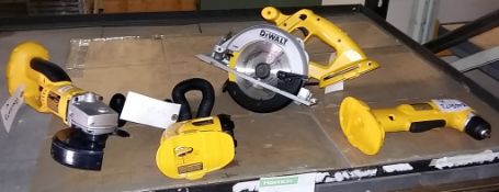 Dewalt DC410 cordless angle grinder, DW919 cordless light, DC390 cordless circular saw, DW