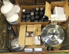 Paper plates, Frying pans, Soup bowls, mess tins, Vacuum flasks, Tea urn, Hydro boil water