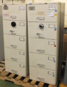 2x 5 drawer combination filing cabinets (combination unknown)