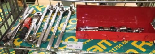 Torque wrench handles, socket set in metal carry box