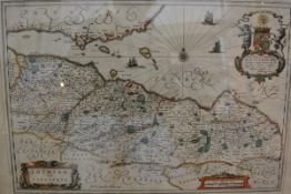 Johannes Blaeu, Lothian and Linlitquo, a hand-coloured engraved map, (centre crease, glazed to