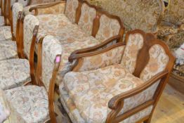 A mahogany framed three piece drawing room suite of bergere type, early 20th century, in the style