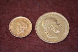 An Austrian gold 10 Kroner coin 1897 and a U.S.A. one dollar gold coin 1853, 5.24g