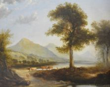 British School, c. 1800, Cattle in a Mountainous Landscape, unsigned, oil on canvas, in a gilt-