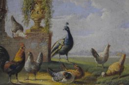 Albertus Verhoesen (Dutch, 1806-1881), Peacock, Cockerel and Chickens by a Ruin and Cockerel and