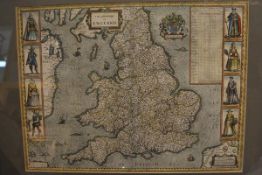 Christopher Saxton and John Speed, "The Kingdome of England", a hand coloured engraved map,