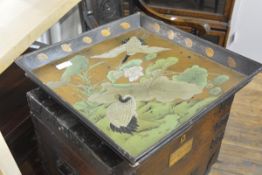 A Japanese lacquer tray, Meiji period, of square form, decorated with cranes and lily pads against a