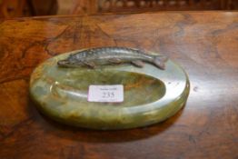 An early 20th century onyx dish, mounted with a cold painted bronze model of a salmon. Length 18cm