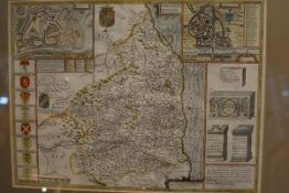 John Speed, a hand-coloured engraved map of Northumberland, c. 1627, with town plans of Barwick