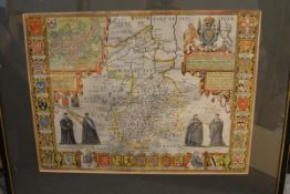 John Speed, a hand-coloured engraved map of Cambridgeshire, c. 1610, decorated with the heraldic
