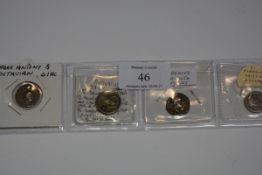 Four Roman coins, denarii, one Octavian and Mark Anthony, one Augustus and one Tiberius