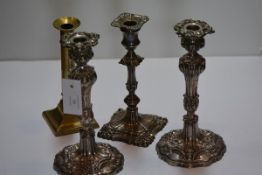 A pair of mid-19th century Rococo Revival electro-plated candlesticks, Elkington & Co.; together