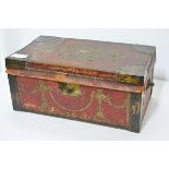 A brass-studded leather strong box in 17th century style, late 19th century, in (distressed) red