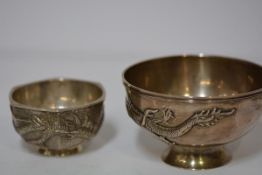 A Chinese Export silver bowl, of simple circular form, applied with a dragon, stamped marks LS;