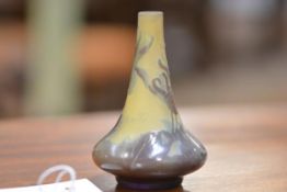 A small Galle Cameo glass vase, c. 1900, with slender tapering neck, overlaid in amethyst to brown